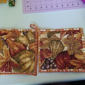 Homemade harvest potholders. Fall themed with vegetables wheat leaves fruit. New
